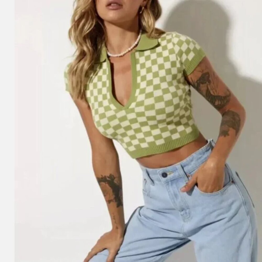 Hesperus Green Checkered Collared Crop Top Sweater Short Sleeve (Size M) - Picture 8 of 8